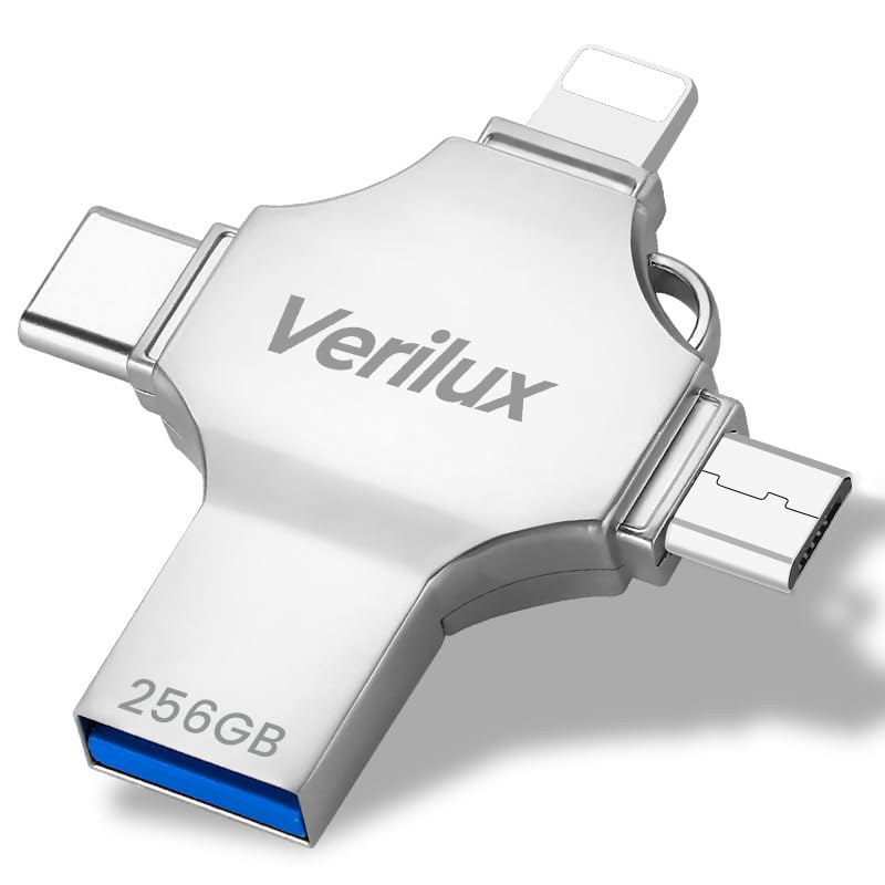 Verilux® 4 in 1 Flash Drive OTG Adapter 256GB Large Capacity Flash Drive with Lightning, Micro, USB, TYPE-C, Mini Flash Drive with Keychain Compatible with iPhone, Android, Tablet, Pad, PC (Silver)