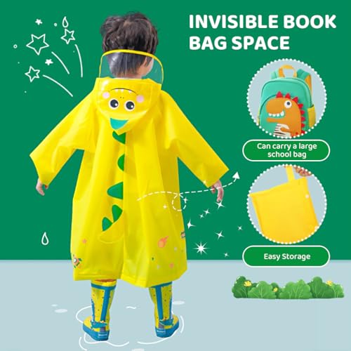 PATPAT® Dinosaur Kids Rain Coat EVA Hooded Jacket with Transparent Wide Brim Cartoon for Boys Girls 3-4 Years Old with Storage Pouch Knee-Length S 3 PCS Yellow