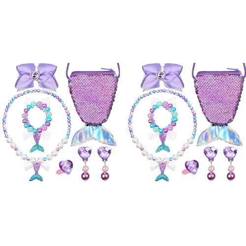SANNIDHI® Mermaid Kids Jewelry Set Cute Pearl Necklace Bracelet for Girls Included Sling Bag Hair Bow Ring Earrings Princess Kit Theme Party Dress Up Christmas Gift 2PCS