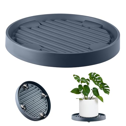 HASTHIP® 37cm Plant Pot Stand with Wheels, Round Mobile Planter Tray, Spiral Ridged PP Flower Pot Caddy with Wheels, 360 Degree Moving Plant Stand for Indoor & Outdoor Use, Grey