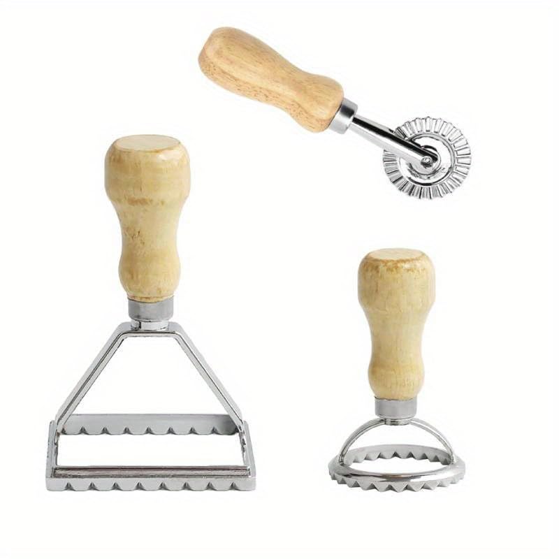 HASTHIP Ravioli Stamp Maker Cutter for Pasta and Cookies Set of 3 with Wooden Handle