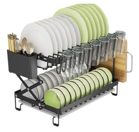 HASTHIP® Kitchen Dish Rack Double Layer Carbon Steel Drain Rack Cup Holder for Countertop, Multifunctional Kitchen Dish Drain Wire Rack with Chopping Board Holder & Utensils Storage, 40x28x31.5cm
