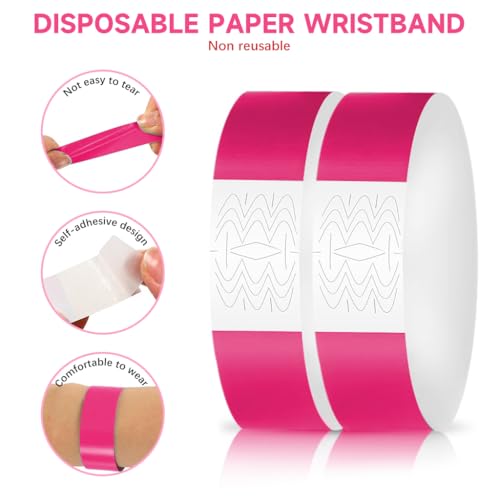 HASTHIP® 300 PCS Paper Wristbands Arm Bands for Events Neon Lightweight Colored Concert Party Waterproof Hand Band Rose Red