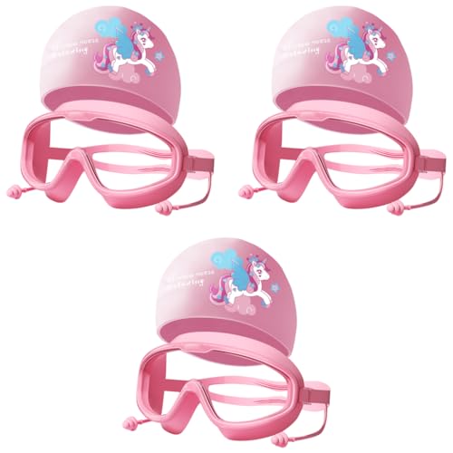 Proberos® Swimming Goggles for Kids with Swim Cap Ear Plugs Big Frame Leakproof Children Professional Anti Fog UV Protection Girls Age 4-16 3PCS