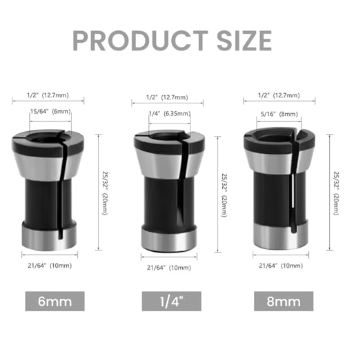 Serplex® Router Bit Collet Chucks Set 3 Sizes 6mm 1/4 8mm Precision Woodworking Tool for Carpenters Heat-Treated Steel Superior Clamping Easy Install Fits Milling Cutters 2PCS