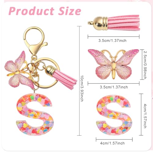 ZIBUYU® Letter A&S Keychain Charm for Girls & Best Friends, Pink Butterfly Clear Resin with Sequins, Metal Keyring for Backpack, Bag Decoration, Stylish Personalized Gift, 1 Piece