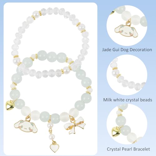 SANNIDHI® Crystal Bead Bracelet for Women & Girls, 2Pcs Elastic Cinnamoroll Charm Bracelets with Cute Beads, Beige Jewelry Gift for Kids Sisters Friends, for Birthdays, Festivals & Events
