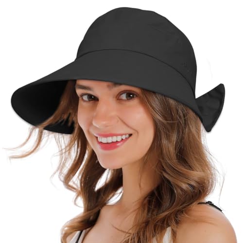 ZIBUYU® Sun Hat for Women Wide Brim Sun Visor Hat UPF 50+ Sun Visor Cap with Adjustable Hook and Loop Closure Fashion Travel Hat Beach Hat Packable Outdoor Hat for Hiking, Working, Gardening, Black