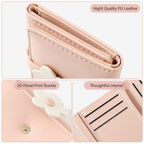 PALAY® Girls Wallet Women Wallet PU Leather Card Holder Girls Wallet Cute Flower Snap Button Wallet with Lovely Heart Shaped Photo Window Gift Wallet for Girls Christmas Gift