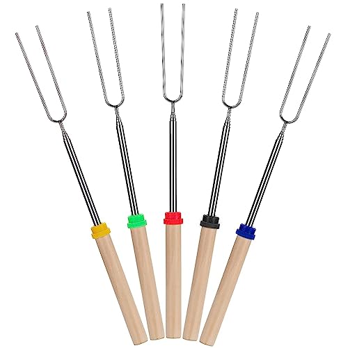 HASTHIP® 5Pcs Barbeque Stick, 32'' Extendable Stainless Steel Skewers for Grilling, Portable Wooden Handle Roasting Stick, Campfire Sticks, Reusable BBQ Grill Stick for Cooking Tools