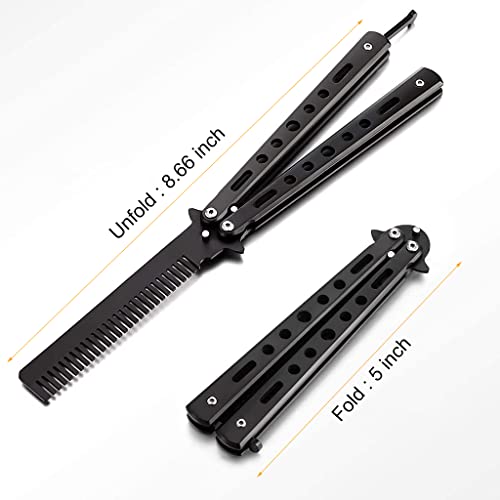 ZIBUYU® Butterfly Comb Professional Training Stainless Steel Folding Practice Unsharpened Blade Stylish Saloon Tool for Beginners Black 2PCS