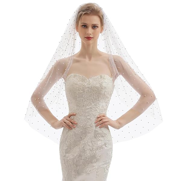 PALAY® Pearl Bridal Veil for Wedding White 1 Tier 1m Cathedral Tulle Veil with Comb, Elegant Fingertip Length Wedding Veil for Bride