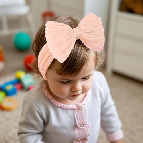 SNOWIE SOFT® 6PCS Hair Bands for Baby Girls 0-24 Months 3-Color Nylon Turban Knotted Pink Bow Girl Super Stretchy Headbands Accessories