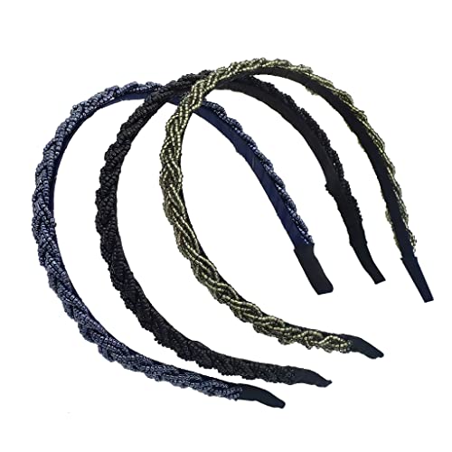 ZIBUYU® 3 Pieces Braid Beaded Hair Hoop Headbands, Multiple Color, Fashion Hairbands for Girls Women Hair Accessories Gift