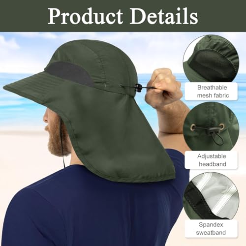 GUSTAVE® Unisex Wide Brim Bucket Sun Hat with Neck Flap & Adjustable Chin Strap, UV Protection, Water Repellent, Breathable Quick Dry Mesh, Foldable Packable Outdoor Cap for Hiking, Fishing Green