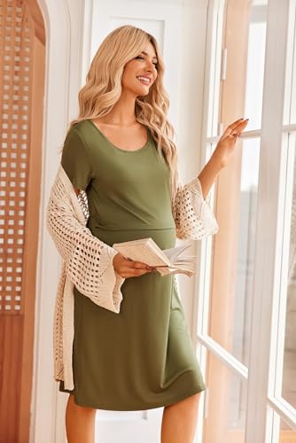 SANNIDHI® Women's Nursing Dress Summer Short Sleeve Patchwork Maternity Breastfeeding Knee Length Dress Green XL
