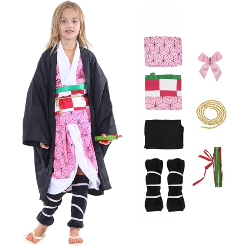 PATPAT® Anime Cosplay Nezuko Halloween Costume for Girls Kimono Anime Nezuko Costume Kids Outfit Black Robe Pink Kimono Uniform Full Cosplay Set Demon Slayer Kids Costume Christmas Gifts, Size 120CM