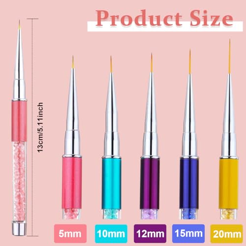 MAYCREATE® 5 Pack Nail Art Brush Set, 3D Nail Liner Painting Brushes Pen DIY Dotting Drawing Manicure Tool with Rhinestone Handles, for Salon or Home Use, 7 9 11 14 19mm