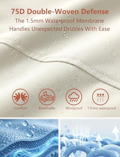 Venzina® Outdoor Hiking Jacket for Women Windproof, Splashproof Hoodie with Pockets, Dual-Way Waterproof Zipper, Loose Fit Long Sleeve Fashion Outdoor Couple Jacket for Hiking, Daily-Light Khaki-L