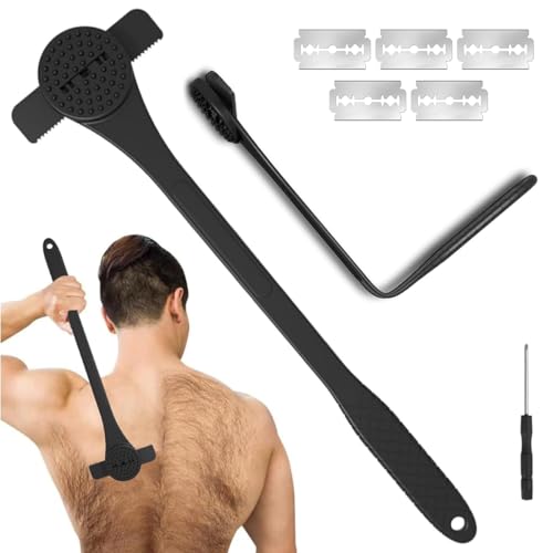 MAYCREATE Back Hair Shaver 18 Inches Long Handle Silicone Back Hair Shaver 2 in 1 Multifunctional Back Hair Shaver with Silicone Scrubber Pad Anti-slip Handle Design, With 5 Stainless Steel Razors