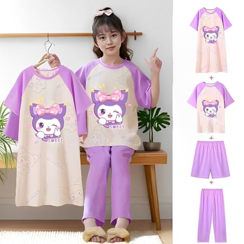 SANNIDHI® 3pcs Pajama Set Girls Button Down Short Sleeve Long Pants with Shorts Crepe Wrinkled Fabric Sleepwear Nighty Purple