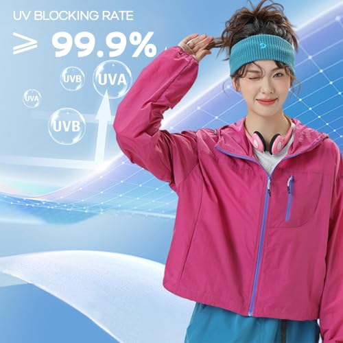 Venzina® UPF 50+ Sun Protection Jacket Stylish Cropped Sunscreen Top for Women Ultra-light Quick Dry Hoodie with Back Air Vent & Chest Zip Pocket, Water-Proof UV Coat for Outdoor/Travel, Hot Pink, XL
