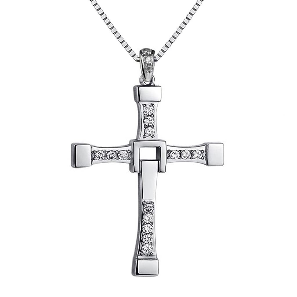 ZIBUYU Cross Necklace for Men Dominic Toretto's Cross Pendant Necklace The Fast and the Furious Titanium Steel Cross Neck Pendant Jewelry for Men and Boy's (Silver)
