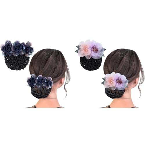 MAYCREATE® Floral Hair Snood Net Barrette Bun Cover Combo, Rhinestone Clip Hairnet for Women, Dancer, Nurse, Girls, Work, Daily Use, Multicolor Accessories for Hair Styling