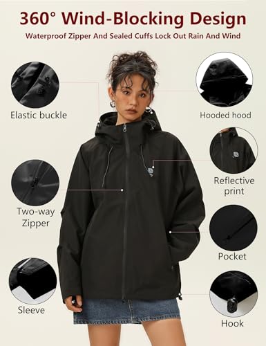 Venzina® Outdoor Hiking Jacket for Women Windproof, Splashproof Hoodie with Pockets, Dual-Way Waterproof Zipper, Loose Fit Long Sleeve Fashion Outdoor Couple Jacket for Hiking, Daily-Black-S
