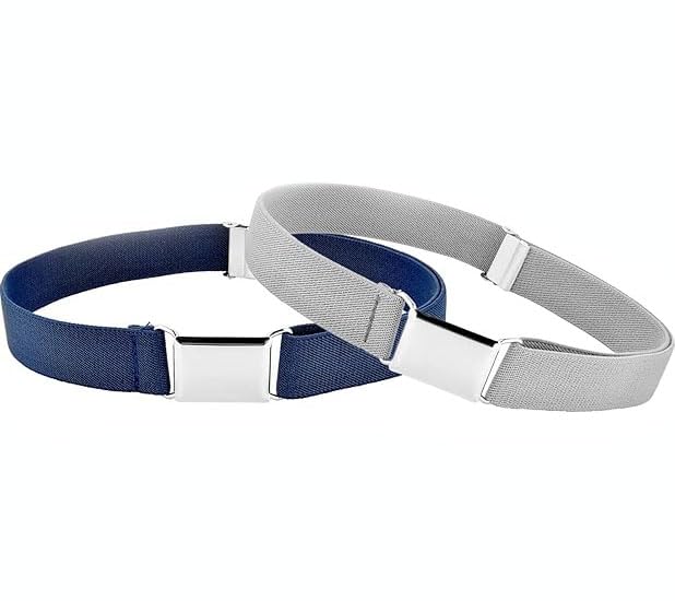 GUSTAVE® 2pcs Belt for Kids, Stretch Kids Belt for Boys Girls, Adjustable Silver Buckle Waist Belt, Elastic Child Toddler Belt - Grey & Navy Blue