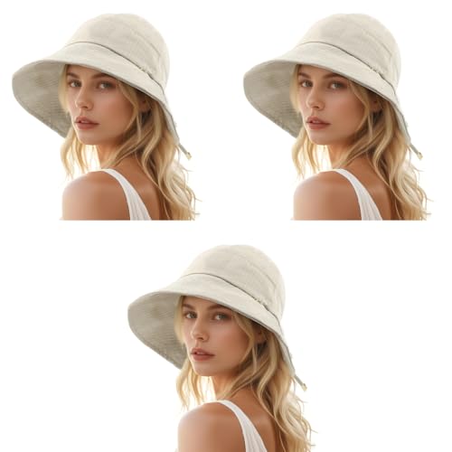 SANNIDHI® Womens Silicone Sun Hats Bucket Wide Brim Summer UV Protection Beach Fashion Outdoor Casual with Chin Strap Mothers Day Gift Beige Free Size 3PCS
