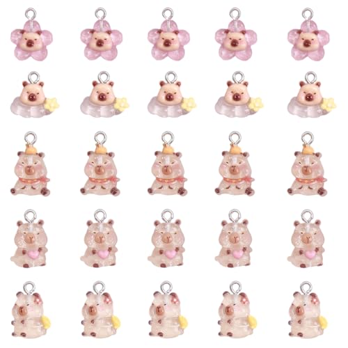 SANNIDHI® 25Pcs Mini Capybara Figure Charms with 5 Designs Kawaii Capybara Charm for DIY Crafting 0.5 in Resin Pink Mini Capybara Charms with Jump Rings DIY Decorative