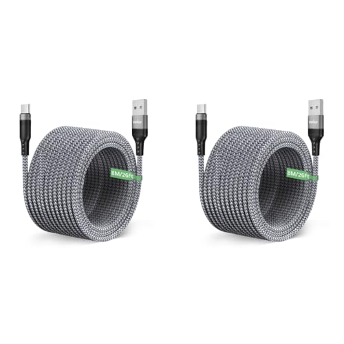 Verilux® 8M 26Ft Type C Cable 10W USB A to C Charging Ultra Long Compatible with Phone Tablet PS5 More Devices Grey 2PCS