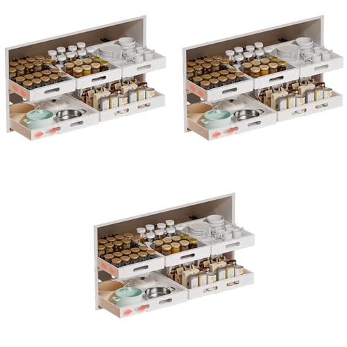 HASTHIP® Pull Out Cabinet Organizer 34-50cm Adaptable Width Design Carbon Steel Kitchen Closet Sliding Drawer No Drill Adhesive Integrated Rail 12.5cm x 34-50cm 3PCS