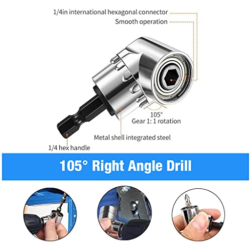 HASTHIP® 105 Degree Right Angle Drill Attachment Tools Set with 3pcs Screwdriver Socket Adapter Extension Set, 1/4'', 3/8'', 1/2" Universal Nut Electric Drill Bit Power Hand DIY Tools Accessories