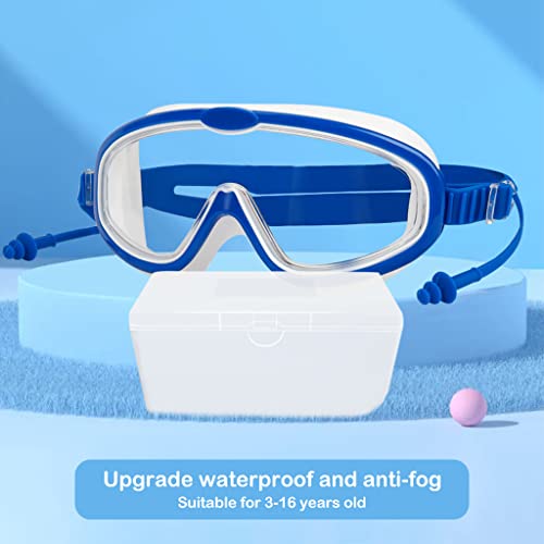 Proberos® Swimming Goggles for Kids with Ear Plugs, Big Frame Leakproof Swimming Goggles for Children Kids, Professional Swim Goggles with Anti Fog and UV Protection for Boys Girls for Age 2-16(Blue)