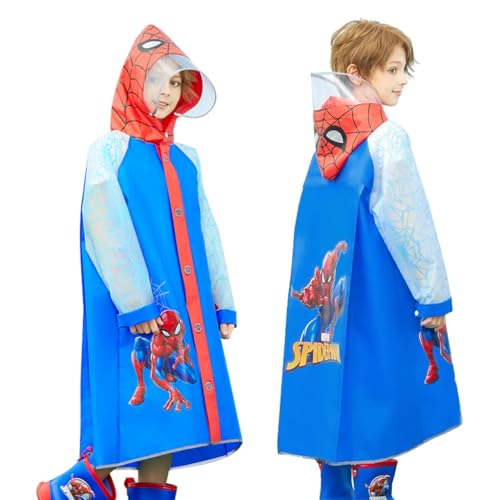 PALAY® Rain Coat for Kids Spider Man Poncho Raincoat for Kids 6-9 Years Boys Girls with Pockets Wide Brim Hooded Poncho Safe School Bag Rain Cover Spider Print Recommended Height 130-140CM(XL Size)