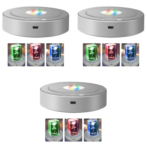 HASTHIP® 3PCS Rotating Display Stand with Colored Lights Lighted LED Base for Glass Art 4 Revolving 8 Light Modes USB Charging Battery-Operated Without
