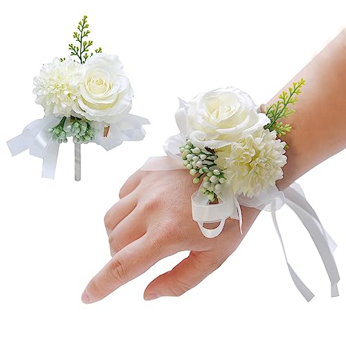 PALAY® 2pcs Rose Corsage Pearl Bracelet Pink Floral Wrist Corsage Bracelet Elastic Pearl Bracelet Elegant Cloth Flower Wrist Bracelet for Brides, Bridesmaids Brides Accessory for Wedding Party, Prom