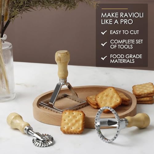 HASTHIP® Ravioli Stamp Maker Cutter with Roller Wheel Set of 3 Wooden Handle Fluted Edge for Pasta Dumplings Lasagna Pierogis 2PCS