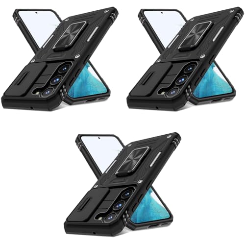 ZORBES® Phone Case for Samsung Galaxy S23 with Rotatable Kickstand Grip, Hard PC Sliding Camera Cover Anti-Scratch Black 3 PCS