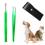 Qpets® 2 Pcs Tick Remover Tool Set, Pet Lice Remover Tick Tweezer Pet Shops Insect Trapping Forceps Flea Hooks for Dogs Cats with Storage Leather Tool Bag
