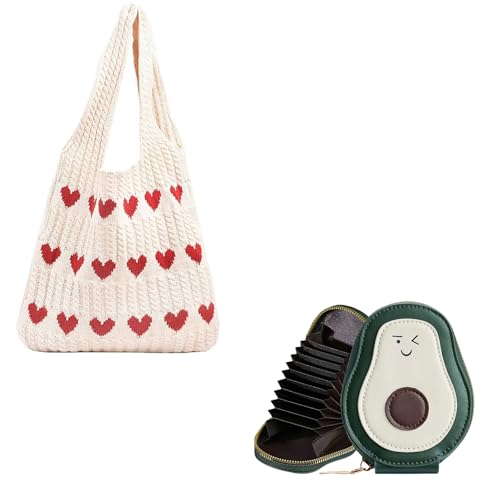 ZIBUYU® Crochet Tote Bag Heart Knit Y2K Aesthetic Love Bag &Card for Women Cute Cartoon Avocado Mini Purse