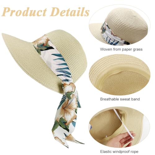 PALAY® Womens Straw Hat for Summer Wide Brim Sun Hats with Print Ribbon Fashion Beach Ladies Beige UV Protection Cap Lightweight Breathable 3 PCS