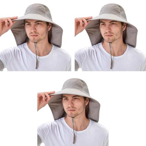 Proberos® Sun Hat UPF50+ Wide Brim with Neck Flap Chin Strap Breathable Mesh Lightweight Foldable UV Cap for Men Women Perfect Hiking Fishing Gardening Travel Beach 3PCS