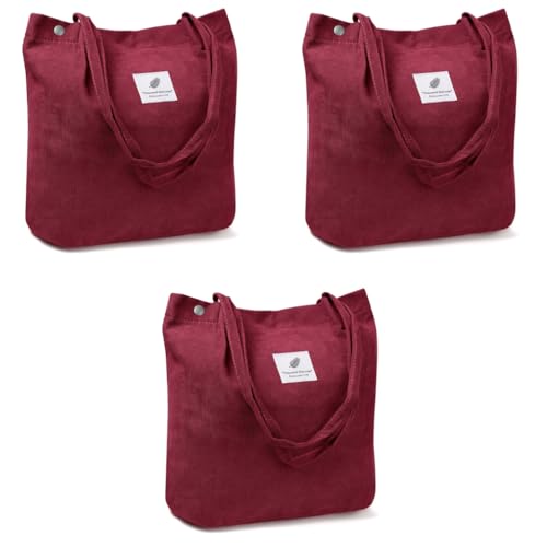 PALAY® Classic Tote Bag Corduroy Fashion Burgundy Large Hand Shoulder For Women Shopping Grocery Commuting 3PCS