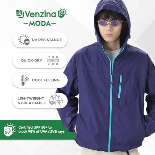 Venzina® Men's Lightweight Athletic Jacket Stylish UPF 50+ Sun Protection Top Quick Dry Full Zip Hoodie with Back Air Vent & Chest Zip Pocket, Waterproof UV Workout Coat for Outdoor, Purple, XL