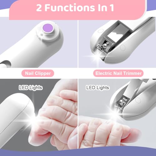 SNOWIE SOFT® Electric Nail Cutter for Baby with Clipper 2 in 1 Trimmer with Led USB Rechargeable Grooming Kit for New Born 1 Count White 2 PCS