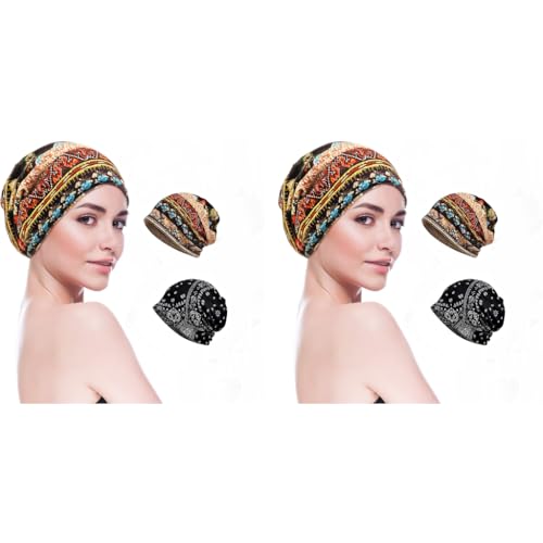 PALAY® Slouchy Chemo Beanie for Women Boho Print Bandana Skull Fashion Soft Stretch Scarf Casual Saggy Head Scarves All Seasons Use 2PCS