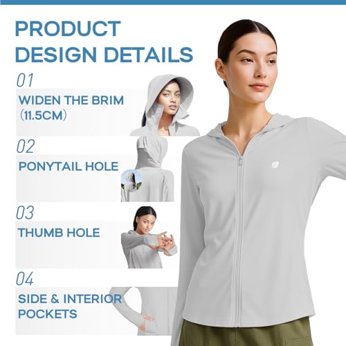 Venzina® Women's UPF 50+ Athletic Jacket Long Sleeve Lightweight Sunscreen Protective Clothing UV Sun Protection Full Zip Cooling Hoodie for Women for Outdoor Hiking, Grey-2, S
